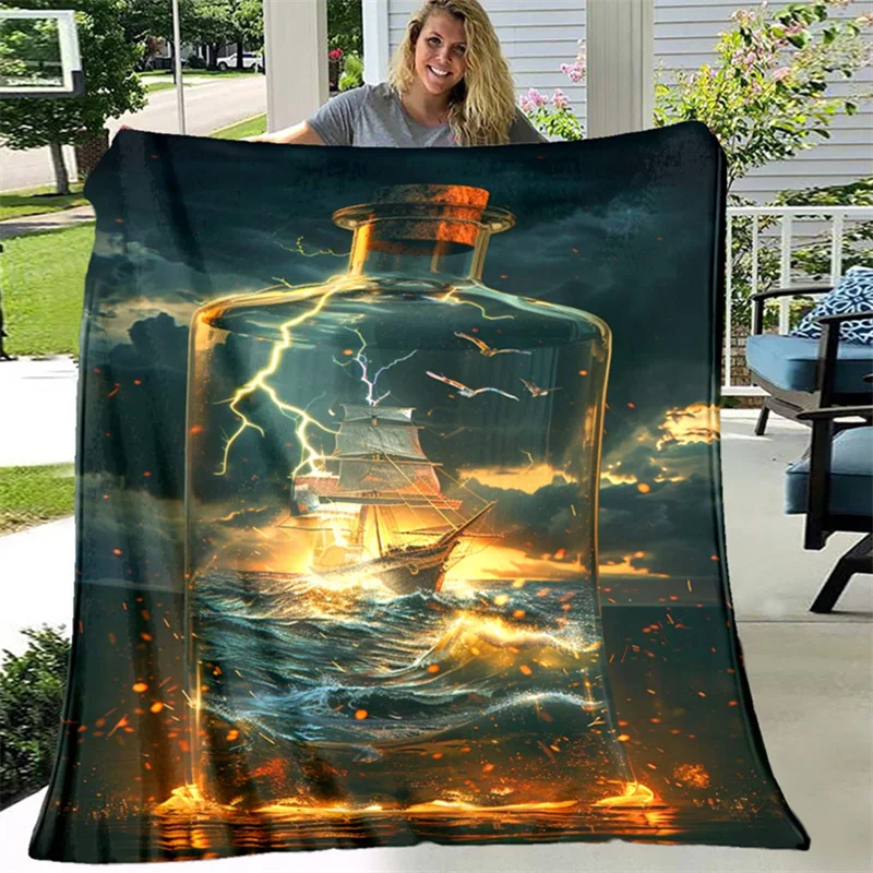 Mystical Pirate Vessel in Glass Bottle Lightning Ocean Wave Pattern Flannel Fleece Blanket Warm Plush Bed Throw for Living Room