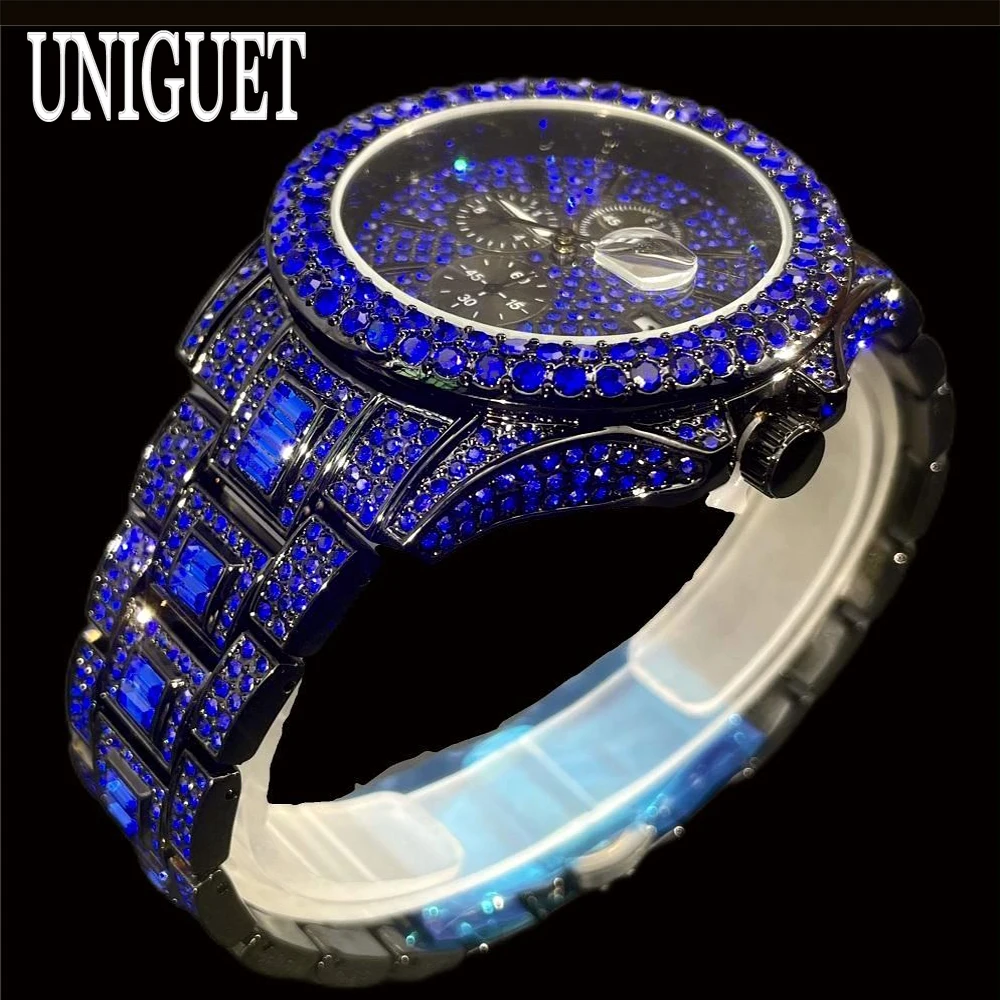 UNIGUET Fashion Blue Diamonds Watch For Men Luxury Stainless Steel Auto Day Quartz Watches Man Hip Hop Iced Out Wristwatch Gift