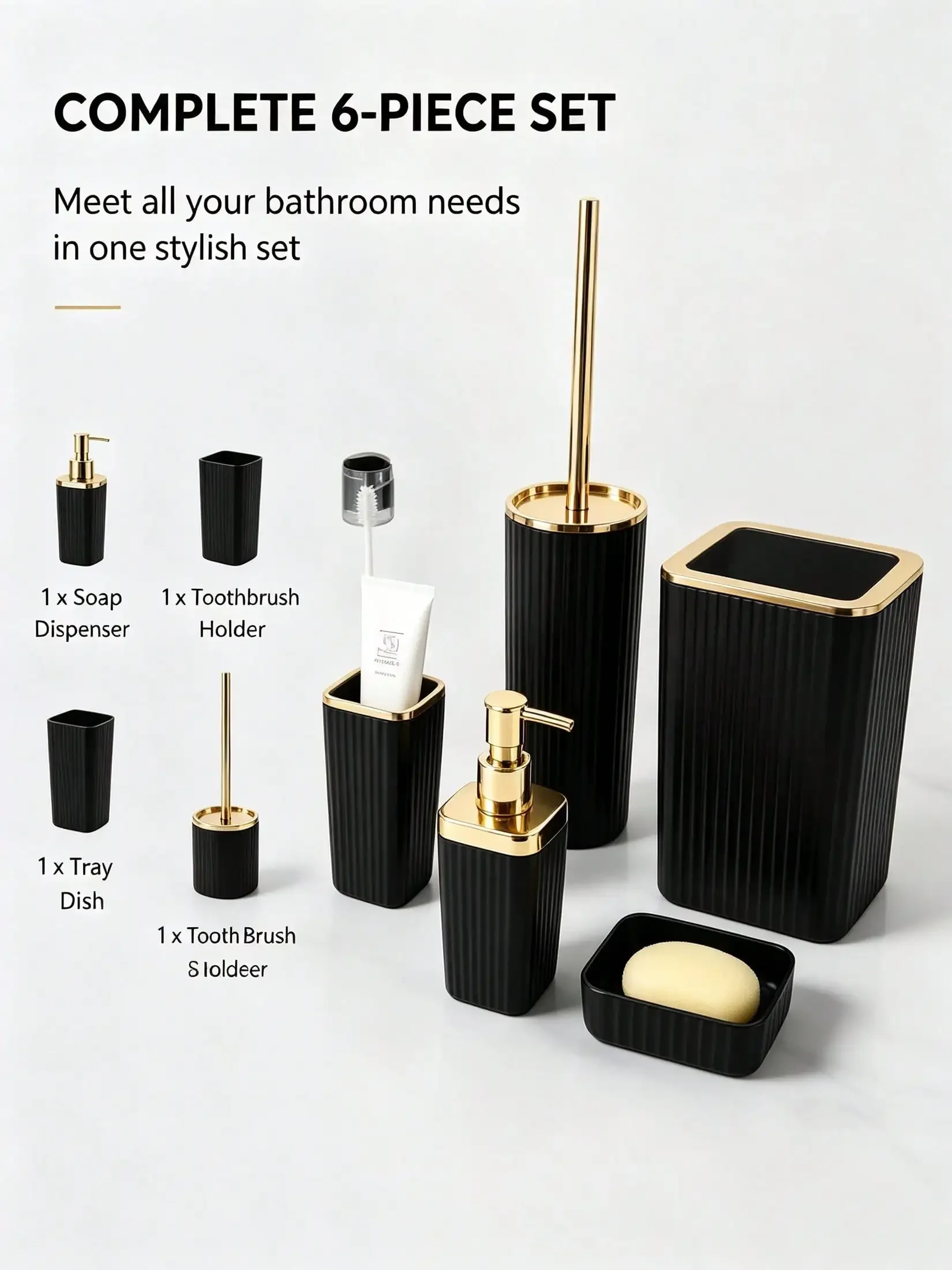 6-Piece Black & Gold Bathroom Accessories Set, Modern Ribbed Design, Soap Dispenser, Toothbrush Holder, Tumbler Cup, Soap Dish, Toilet Brush & Waste Bin