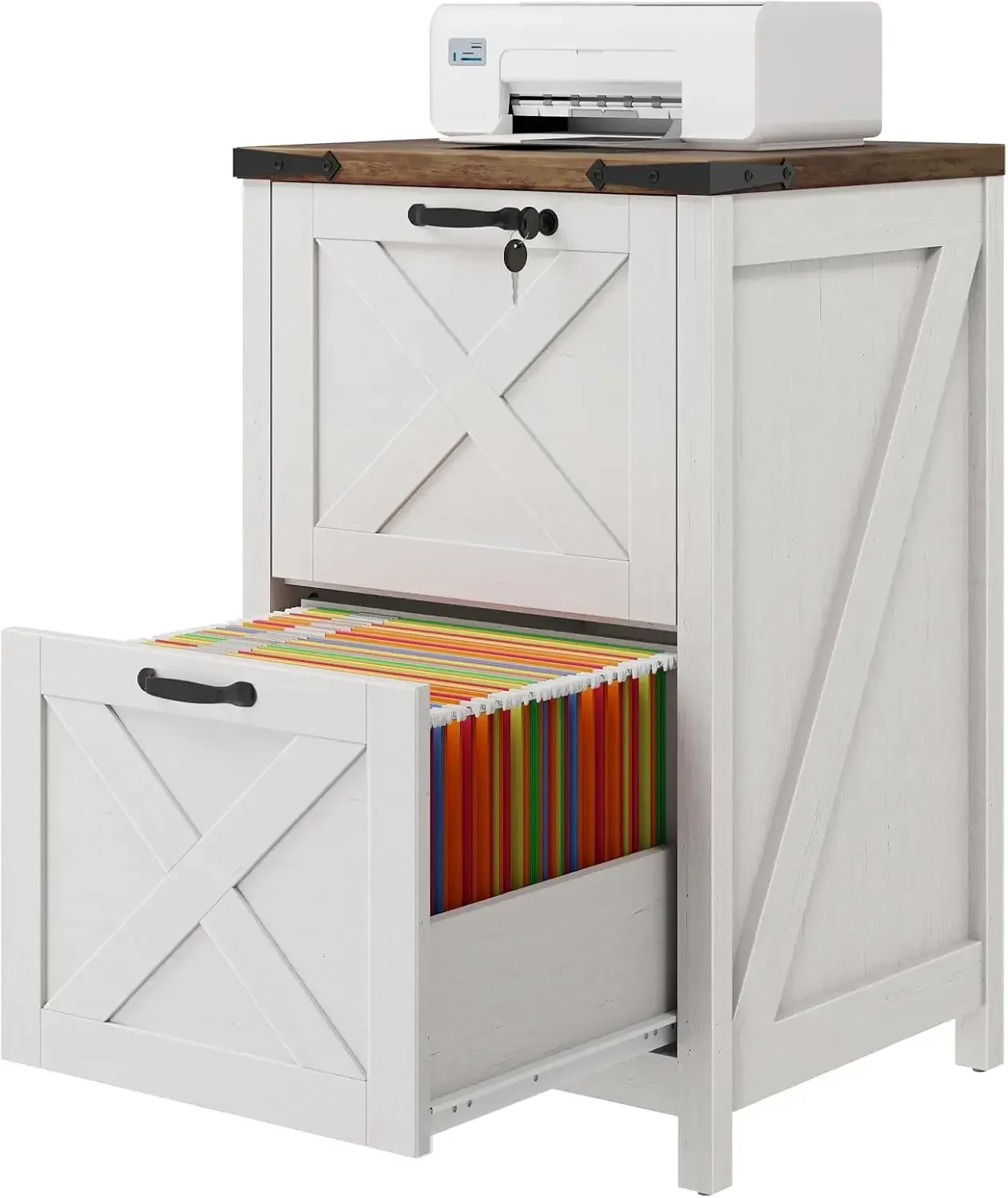 White Lock Wooden Two Drawer Vertical File Cabinet Under Desk Printer Stand Home Office Storage For Letter A4 Hanging Files