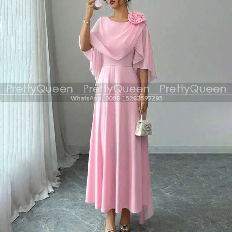 

A Line Ankle Length Mother of the Bride Dresses Shawl Long Customized Pink Chiffon Formal Party Dress