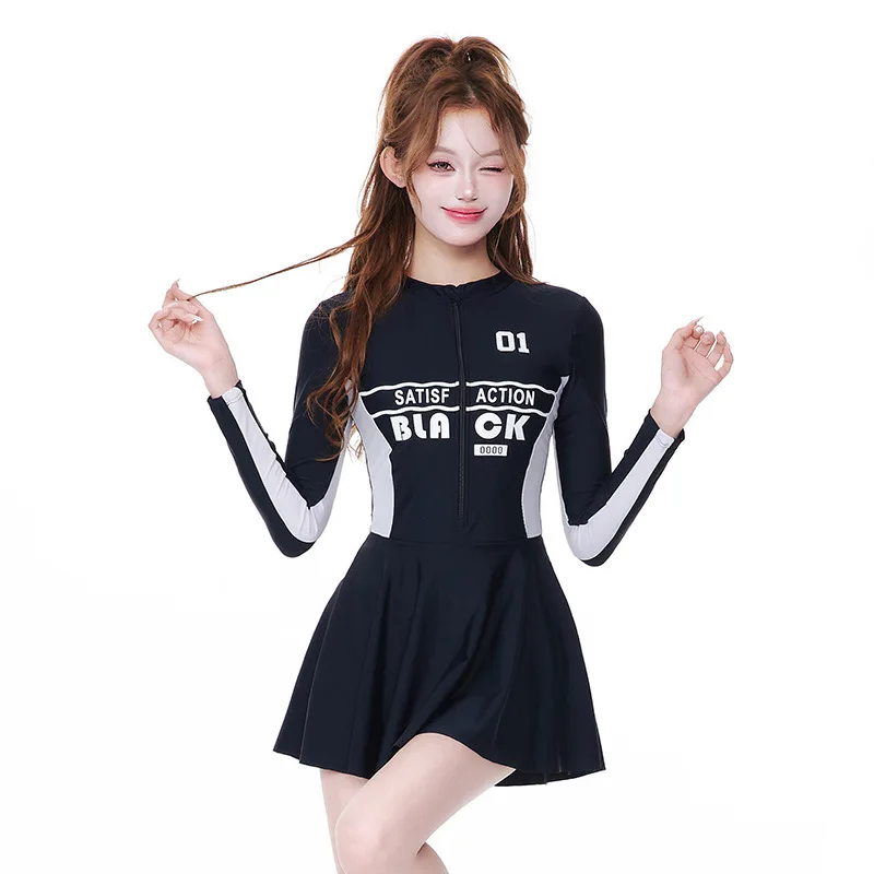 

Women's Swimming Suit Outlet Elegant Beach Korean Swimsuit With High Waist Biquini Skirt Style Color Blocking Long Sleeved