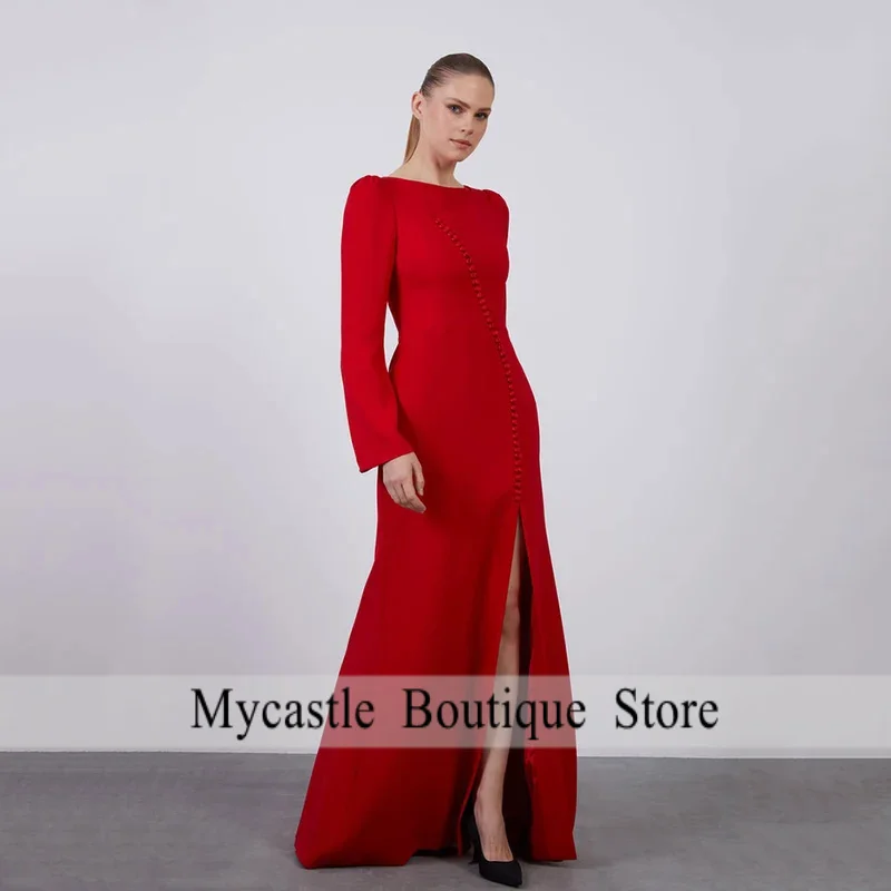 

Red Evening Dresses With Buttons Long Sleeve Sexy Side Slit Party Dress Women Wedding Guest Gown Mermaid Prom Dress