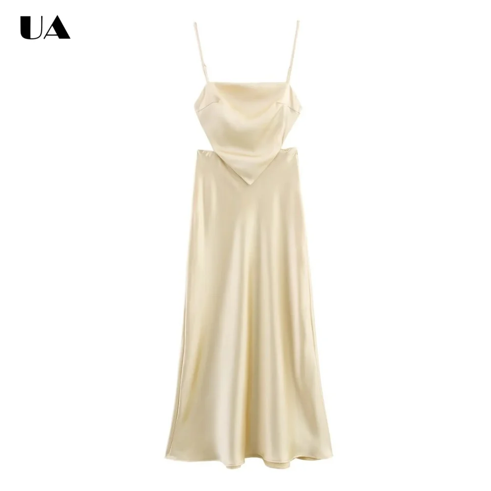 

Fashionable A-line Tied Backless Midi Dress, Elegant Spaghetti Strap Long Dress for Woman, Trendy Satin Sleeveless Party Dress