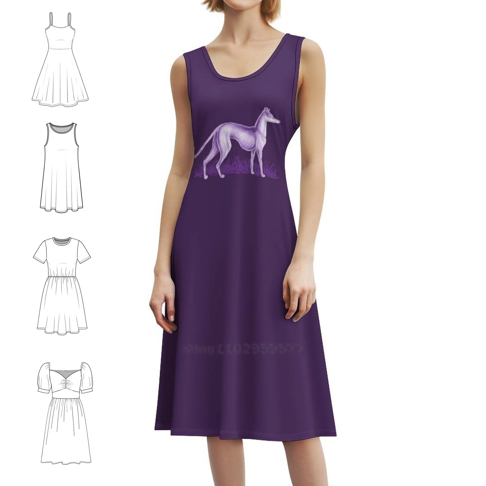 Purple Whippet Bohemian Sleeveless Dress Multi-Print Beach Vacation Party Dress Sam Winchester Whippet Purple Dog Dog Woman