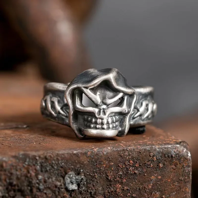 Vintage Gothic Grim Reaper Rings for Women Men Demon Hooded Skull Titanium Silver Color Hip Hop Rock Fashion Jewelry Gifts