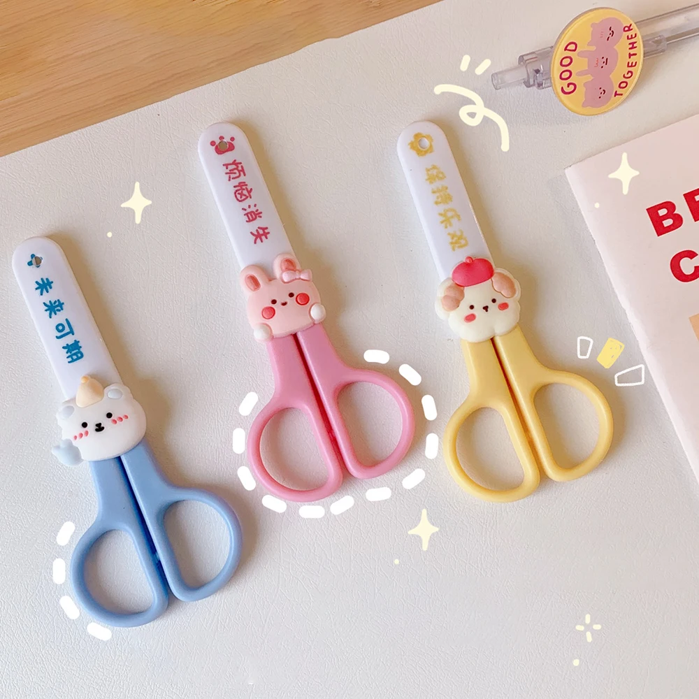 Kawaii Cartoon Scissors with Protective Cover DIY Safety Scissors Paper Cutter for Kids Korean Stationery School Office Supplies