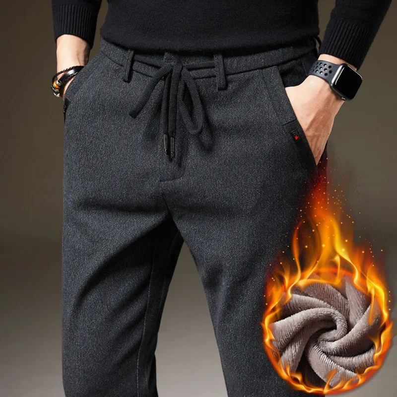 Men\'s Winter Fleece Warm Casual Pants Classic Style Thick Cotton Straight-leg Trousers Male Brand Men Clothing