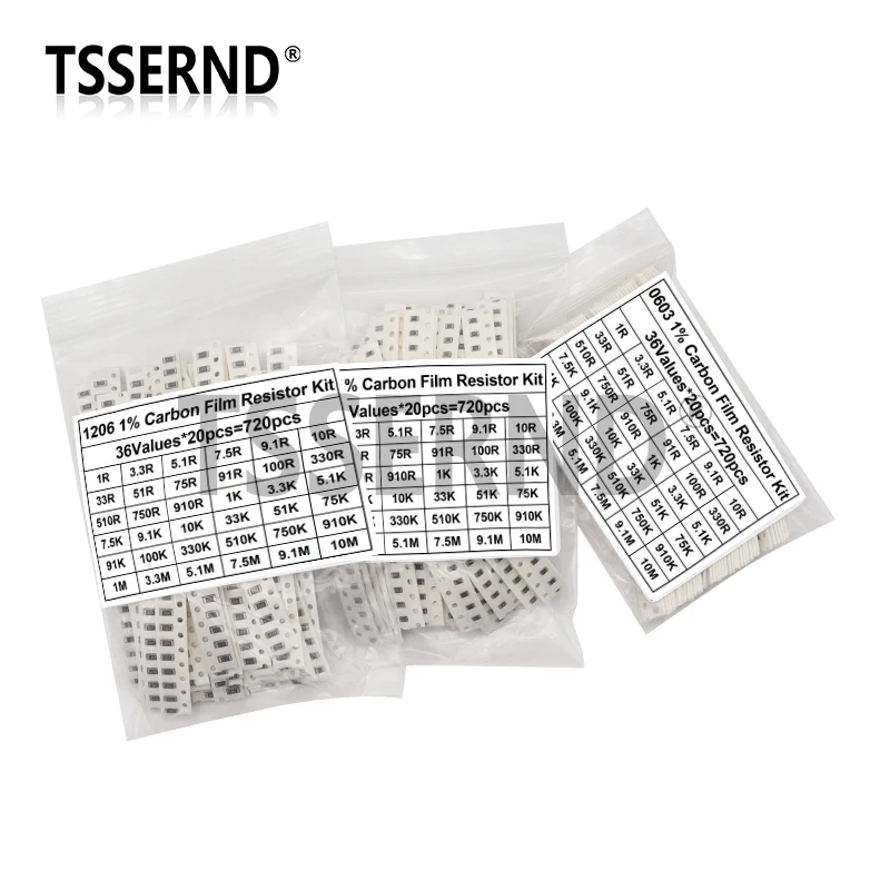 

720pcs 1% 0603 0805 1206 SMD Chip Resistor Assorted Kit 1 ohm - 10M 36valuesX20pcs Resistance Sample set