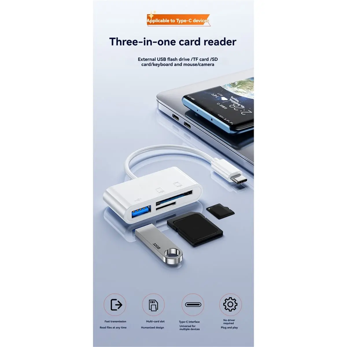 Sells well Type C Card Reader SD TF Memory Card Reader USB C OTG Adapter High Speed Data Transmitter USB2.0 Card Reader White