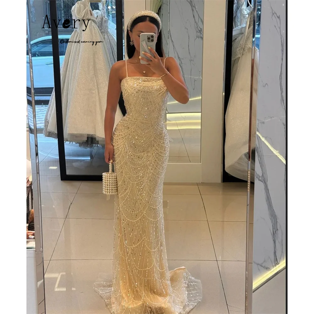 Avery personalizado fishtail frisado tripulação pescoço sem mangas vestidos de luxo para vestido de baile luxo 2025 vestidos femininos para festa de casamento