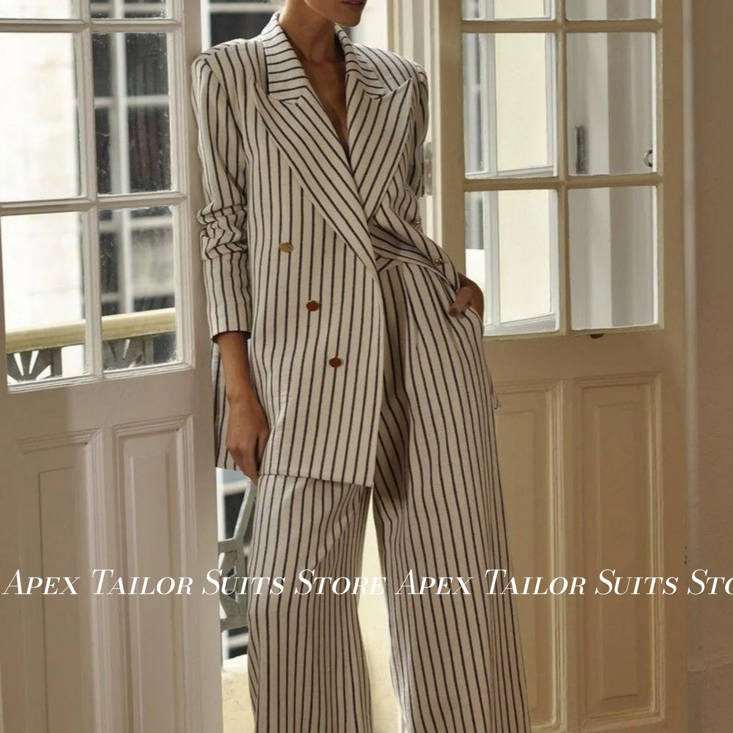 Women Blazer Pants 2 Piece Suit  Striped Double Breasted Wide Peak Lapel Jacket Wide Leg Trousers Office Casual Outfit