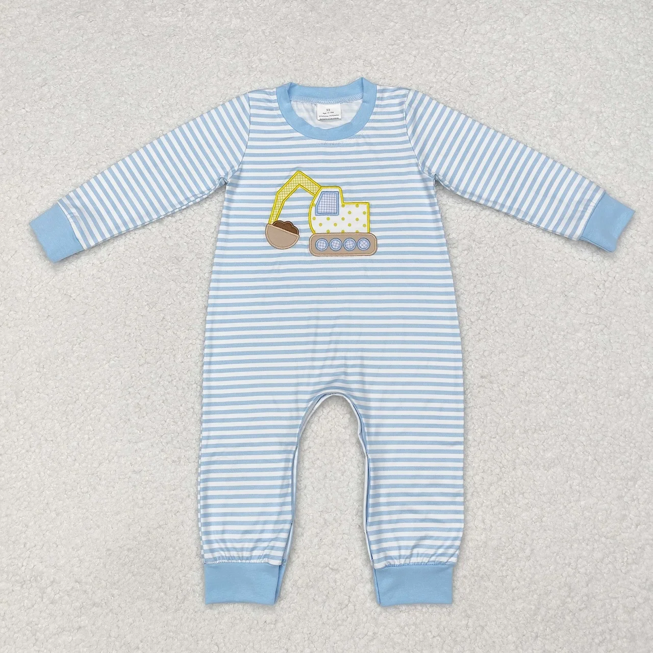 Wholesale Toddler Embroidery Romper Kids Stripes Blue One-piece Newborn Coverall Buttons Bodysuit Baby Boy Long Sleeves Jumpsuit