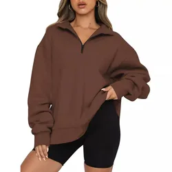 Women Sweatshirts Turn Down Collar Zipper Pullovers Long Sleeve Spliced Thick Warm Sweatshirt Outwear Autumn Winter 2024