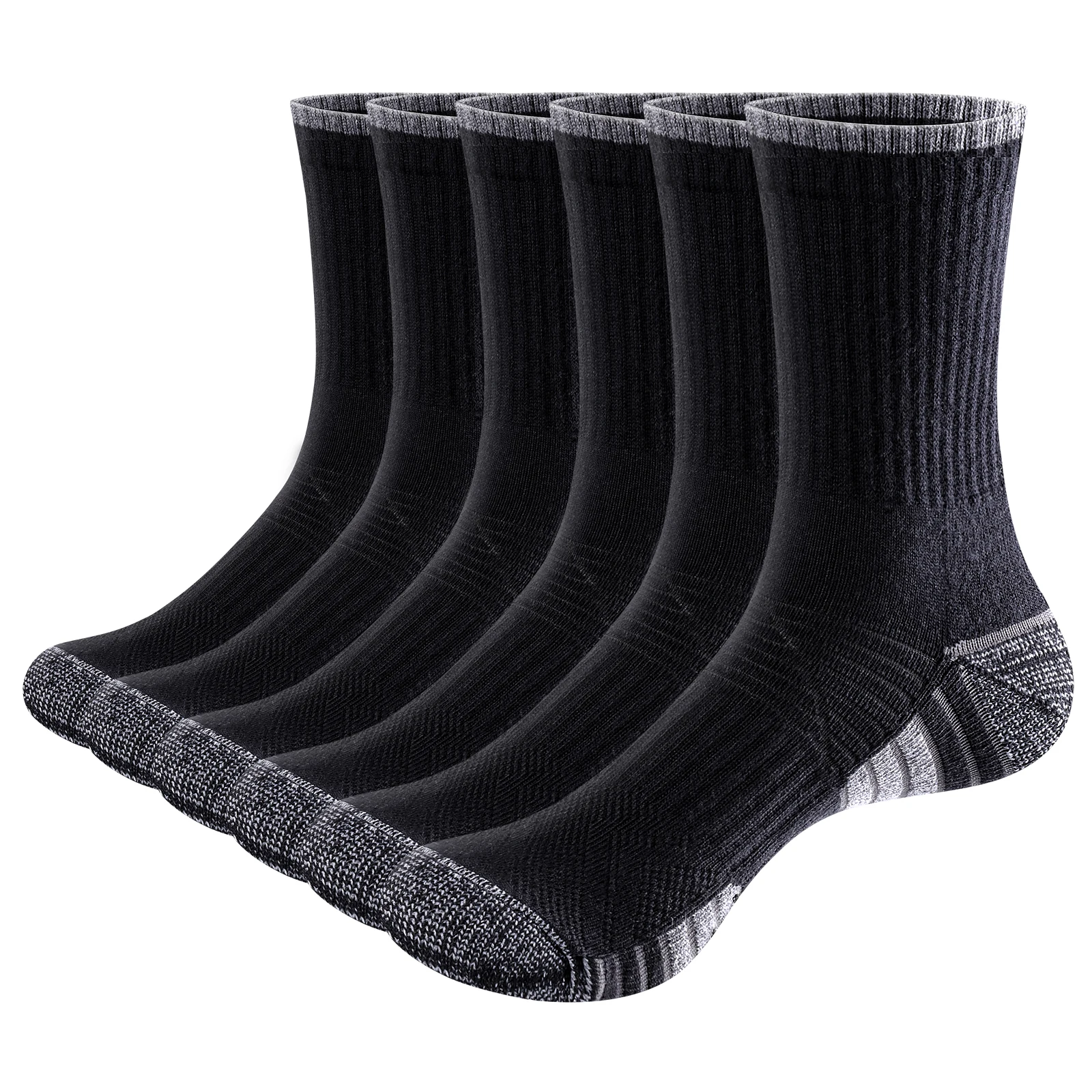 Mens Crew Socks Moisture Control Cotton Cushioned Work Socks Black/White Training Athletic Socks for Men 37-46, 6 Pairs