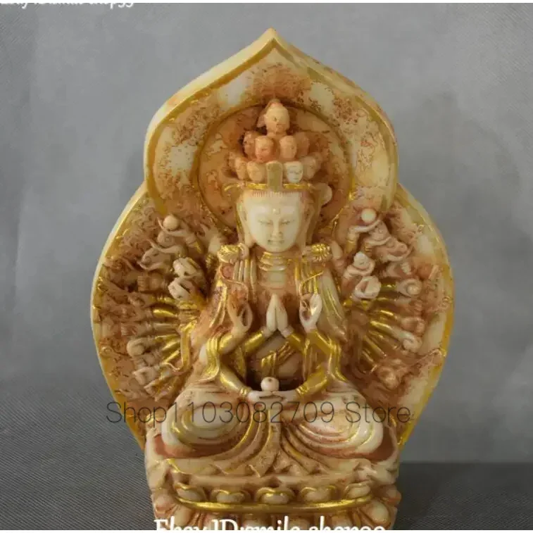 China Natural Jade Gilt Carving 1000 Arms Avalokiteshvara of Goddess Statue