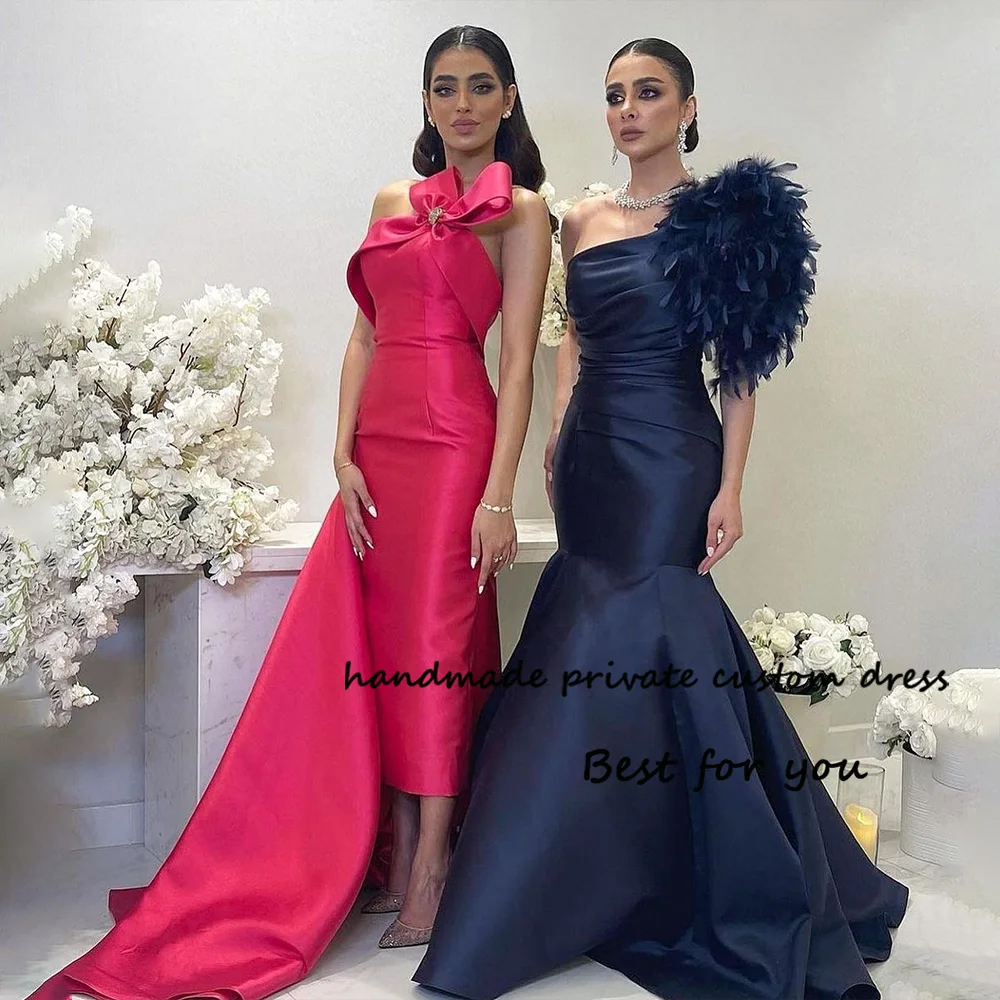 

Arabic Mermaid Evening Dresses One Shoulder Mono Satin Bodycon Long Formal Prom Dress with Train Celebrate Party Gowns