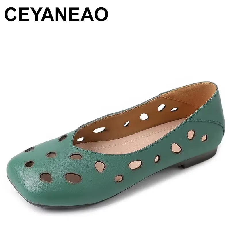 

2025 Top Cowhide Square Head Summer New Hollow Women's Sandals Comfortable Large Size Soft Sole Shallow Mouth Flats