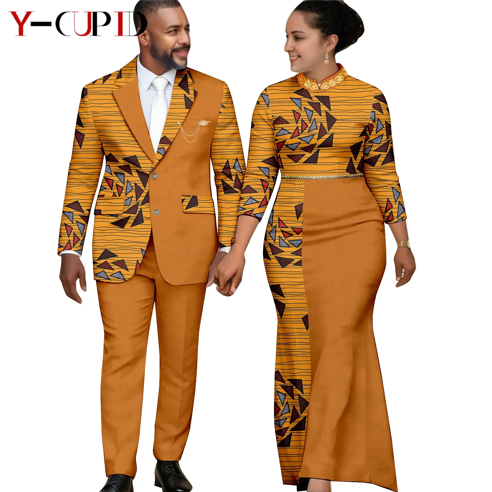 Elegant African Print Long Dresses for Women Matching Couple Clothes Dashiki Men Suits Ankara Jacket Top and Pant Sets 26C013