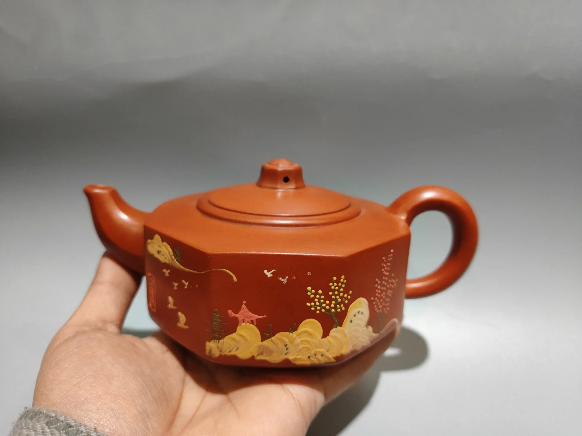 Purple Clay Teapot Eight sided mud painted pot Landscape engraved pattern teapot Kettle Tea Ceremony Sample Tea
