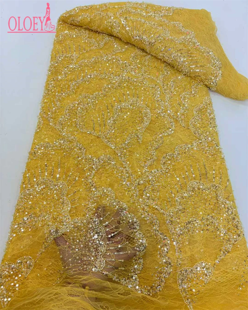 OLOEY Kain Renda Jala Afrika Nigeria Berkualitas Tinggi Dengan Payet Buatan Tangan Kain Renda Berhias Manik-Manik Berat Untuk Gaun Pesta Manik-Manik 5 Yard