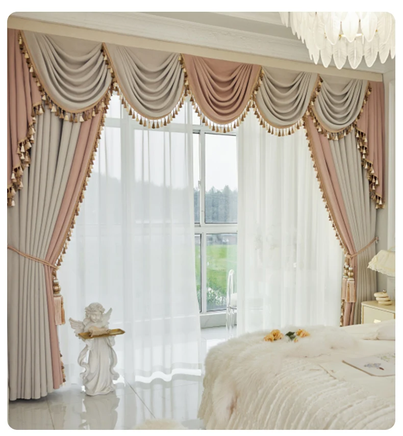 

Custom curtain shading French luxury Chenille bedroom high-grade villa beige cloth blackout curtain tulle valance drape C1518