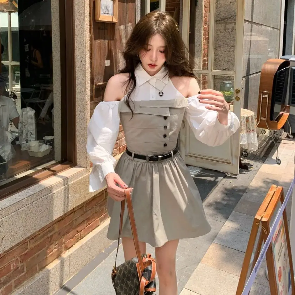 

Korean Fake Two-Piece Trendy Dress Fashion Versatile Casual Shirt Bandeau Style Shoulder-Cut Spring Summer New