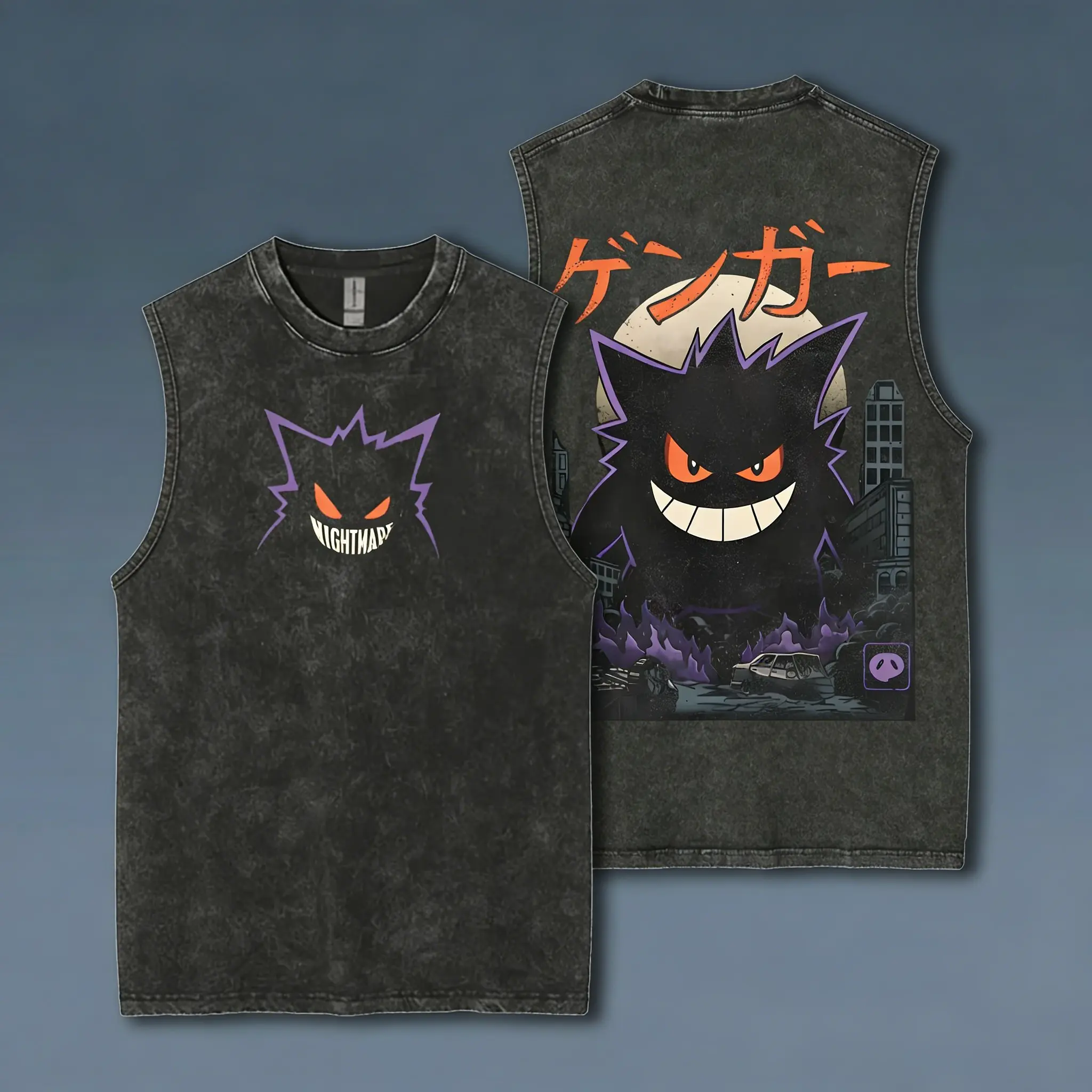 Vintage Washed Pokemon Gengar Men Gym Vest T Shirt 2026 Y2k Summer Sleeveless Shirt Print Streetwear Loose Casual Men's Tank Top