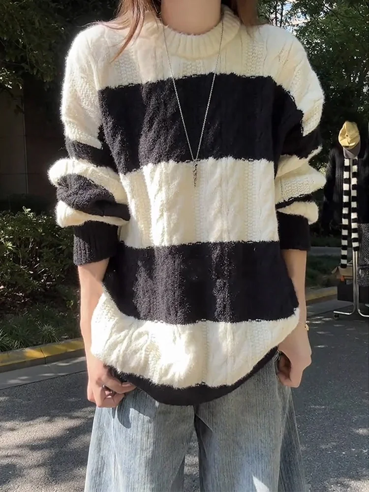 

Casual Loose Men's Knitted Sweater Stripe Color Blo Design Comfortable Soft Material Long Sve round Ne Autumn Faion