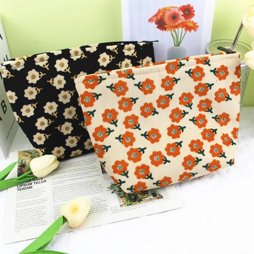 

Corduroy Floral Makeup Bag Small Makeup Pouch Large Capacity Portable Travel Toiletry Makeup Lipstick Coins Phone Storage Pouch