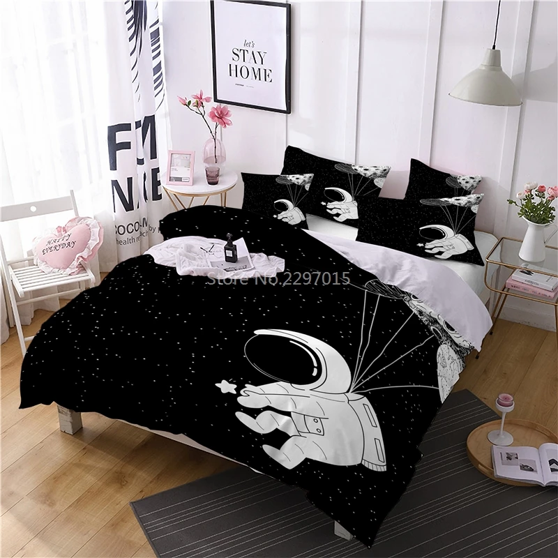 Cartoon Space Bedding Set Aviation Astronaut Duvet Cover Set Pillowcase Boys Blue Sky Dream Quilt Cover Twin Single Double Sizes