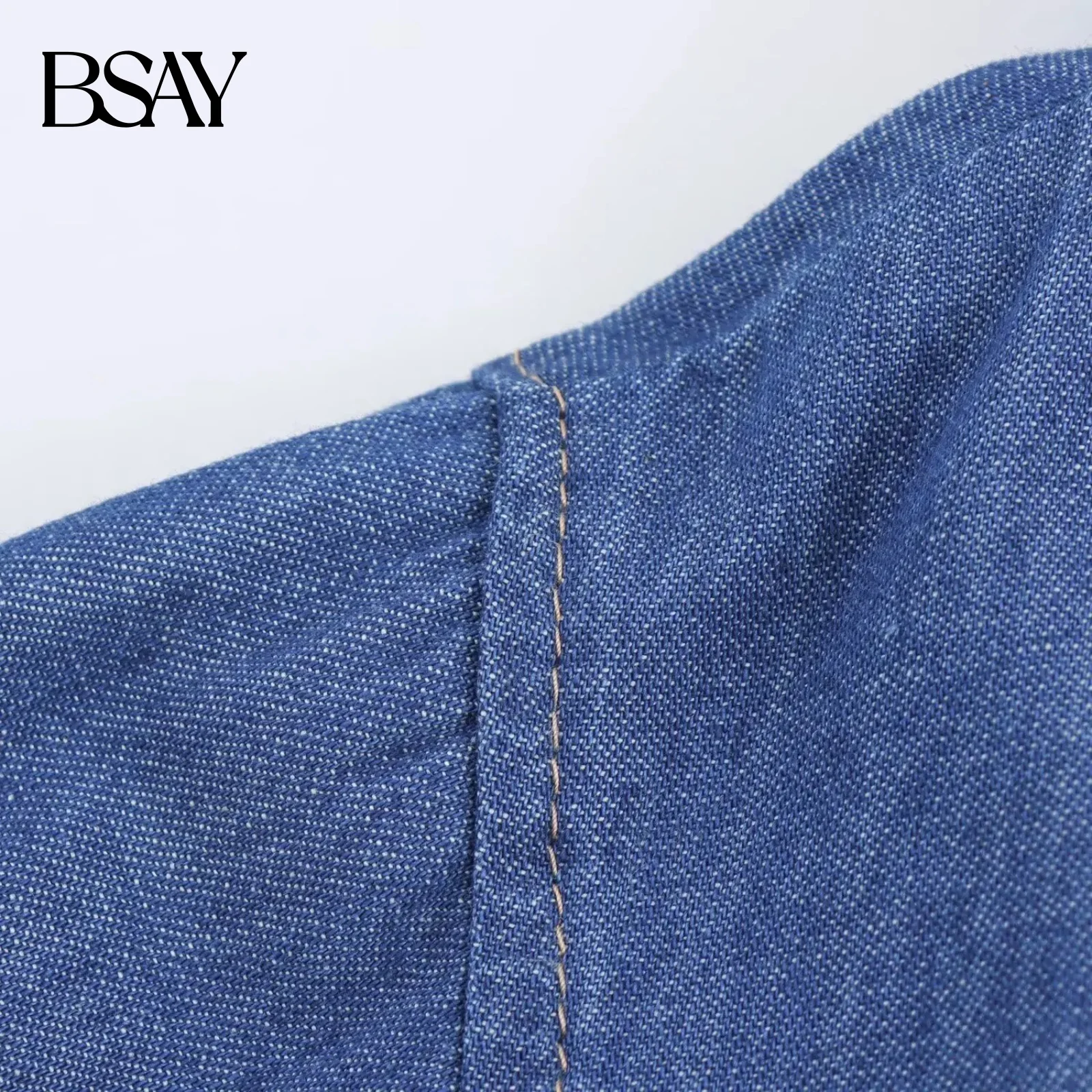 BSAY デニムシャツ女性のためのファッション秋冬新ソリッドカラー長袖シングルブレストラペルブラウスシックなレディーストップ