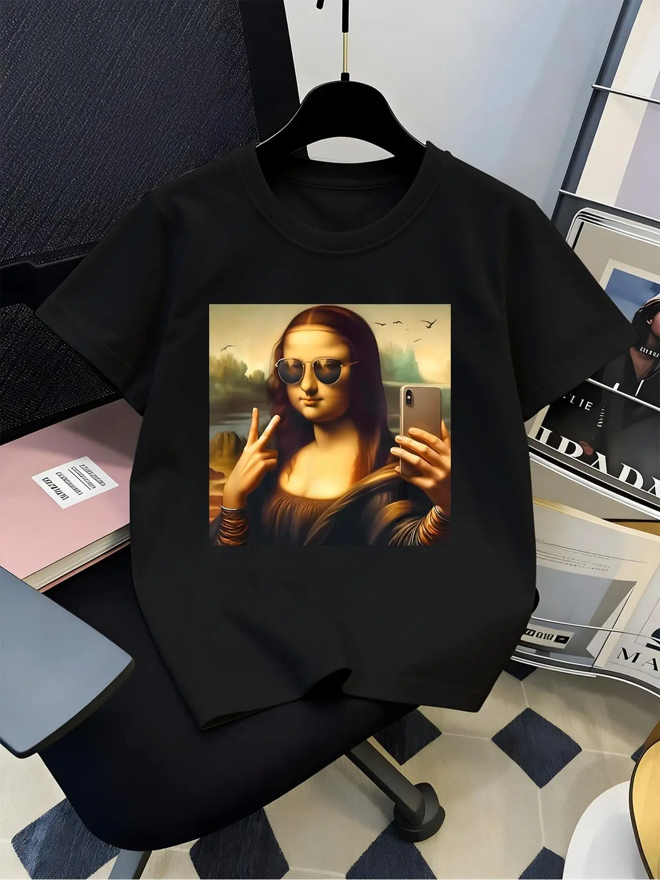 Funny Mona Lisa Selfie Sunglasses Graphic T Shirt For Boys Girls Family Matching Short Sleeve Tee Parent Kids Summer Casual Tops
