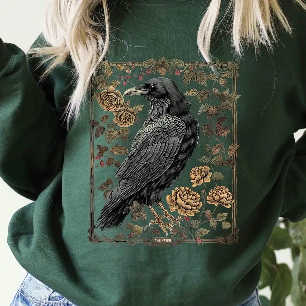 Vintage Raven Goblincore Comfort Sweatshirt Light Academia Gothic Witchy Sweater Casual Short Sleeve Daily Y2K Top Streetwear