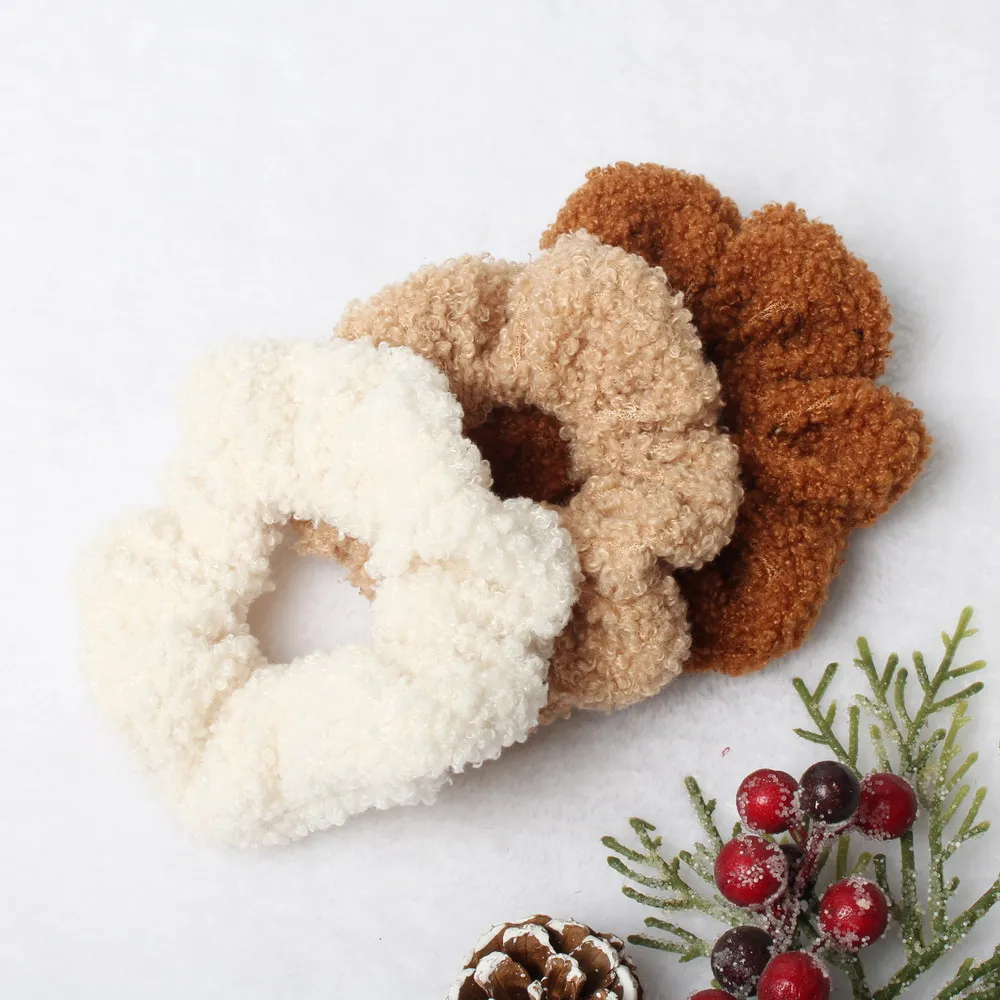 3PK Hair Scrunchies Furry Elastic Hair Band Women Girls Soft Teddy Hair Ties Ponytail Holder Hair Rubber Band Hair Accessories