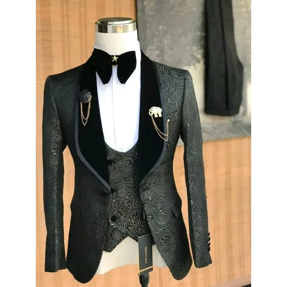 

Floral Wedding Tuxedo Slim Fit Men Suits Set Luxury Jacquard Blazer Vest Pants Formal Groom Suit for Prom Party Special Occasion