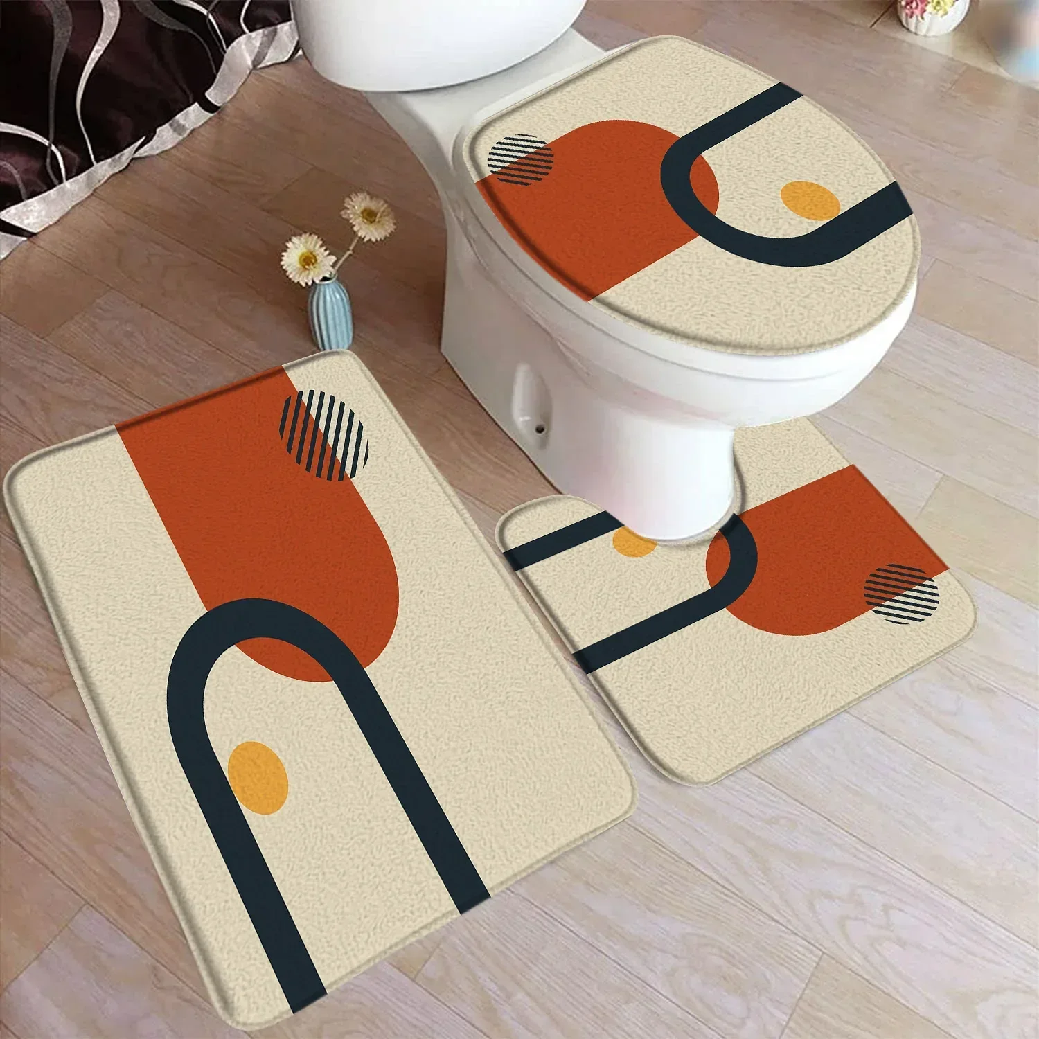 VIKAMA Flannel Bath Mat Set Black Line Green Leaf Modern Geometric Boho Home Carpet Bathroom Decor Floor Rugs Toilet Cover