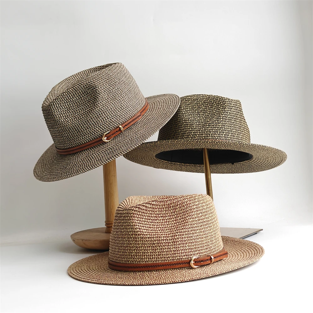 British Style Mixed Color Straw Fedora Hats Unisex Classic Jazz Panama Cap Chic Leather Band Sunshade Beach Hat Gentleman Gamble