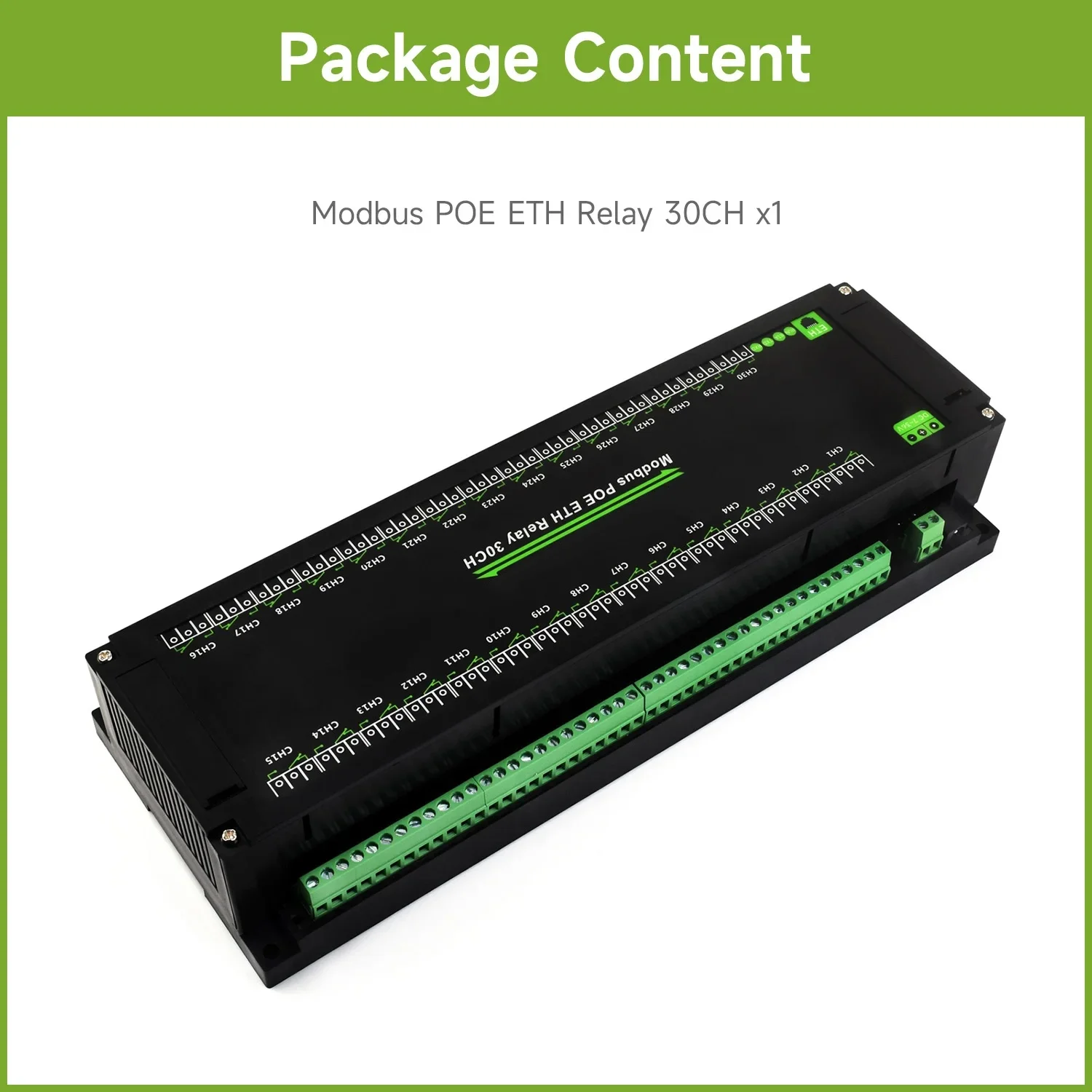 30-Ch Ethernet Relay Module, Modbus RTU/Modbus TCP Protocol, PoE Port, Industrial Grade Rail-Mount Case