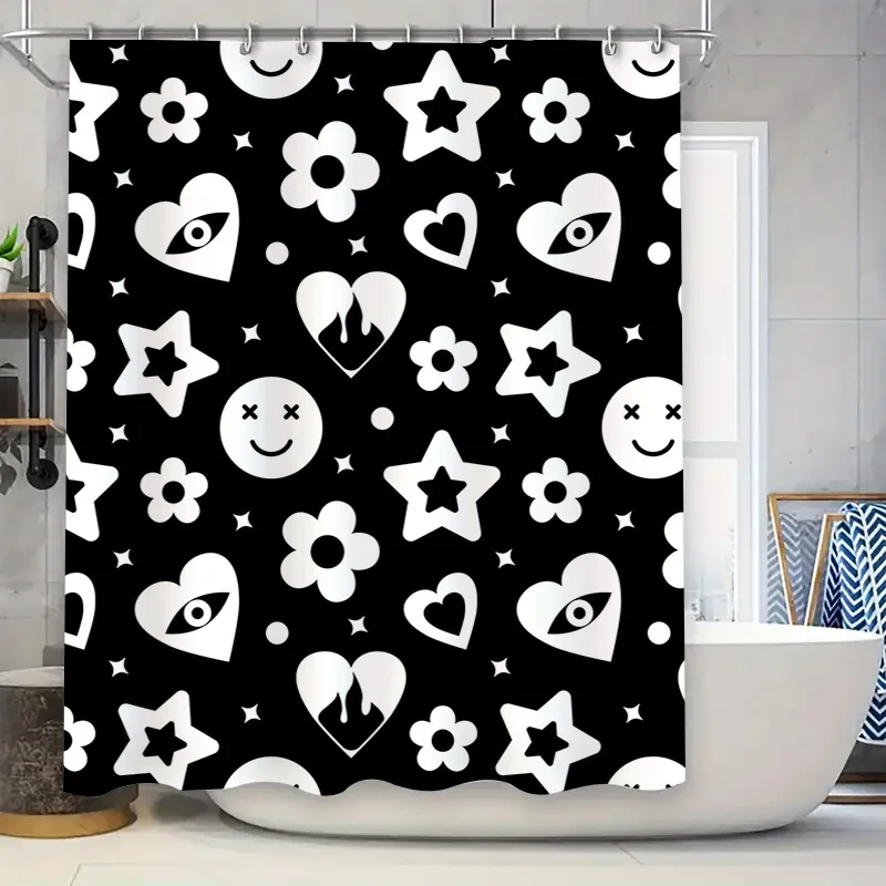 Black White Pattern Shower Curtain Bathroom Decoration Waterproof Fabric with Hooks Set for Home Use would fit your criteria and
