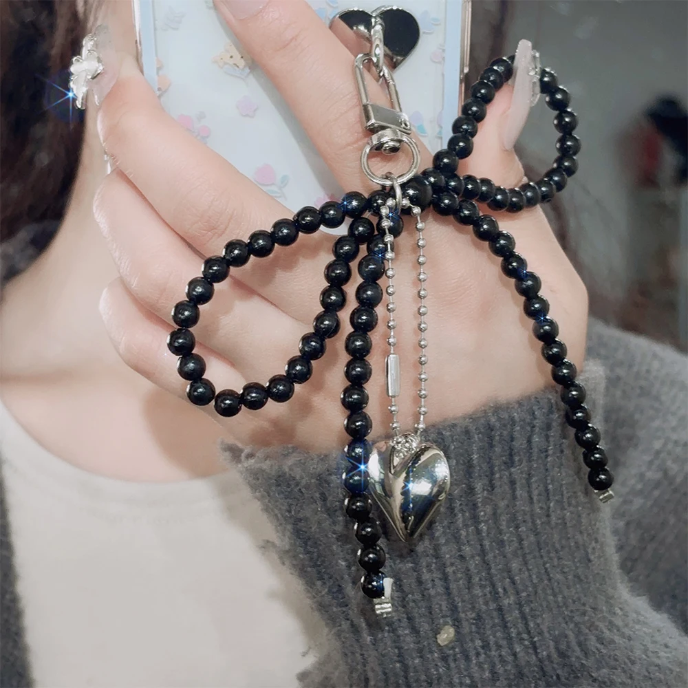 Korea Bow Heart Shaped Phone Lanyard Chain Backpacks Heart Keyring Charm Pendant Gift for Cellphone Bag Hanging Decoration