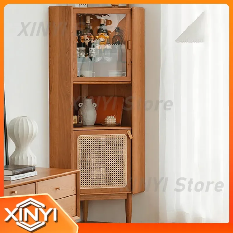 Corner Cabinet for Nordic Style Living Room Corner Cherry Solid Wood Triangular Rattan Shelf Pentagon Side Cabinet for Guest