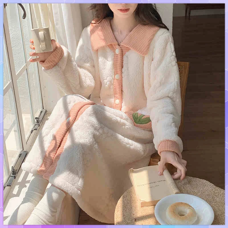 

Flower Robe Women's Pajamas Coral Fleece Nightgowns Girl's Autumn Winter Loose Floral Home Wear Dressing Gown Thickened Bathrobe