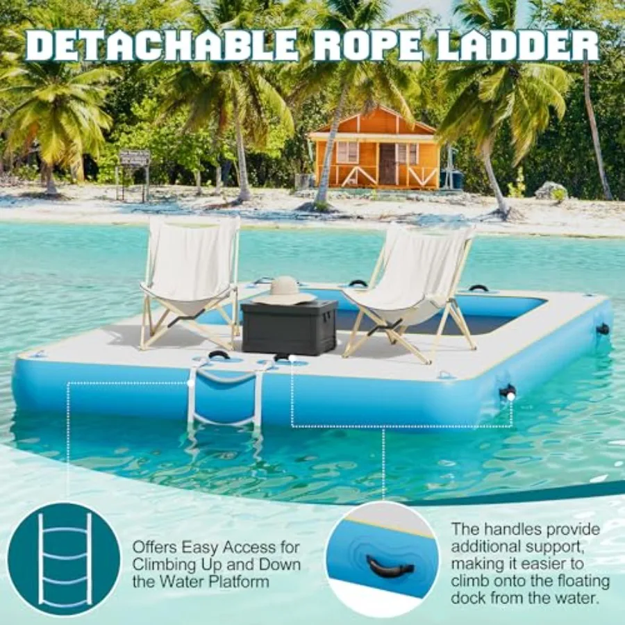 Inflatable Floating Dock for Pool Lake Beach Ocean, PVC Non-Slip Surface, Gray, Ultra-Stable Air Dock Platform with Rope Ladder