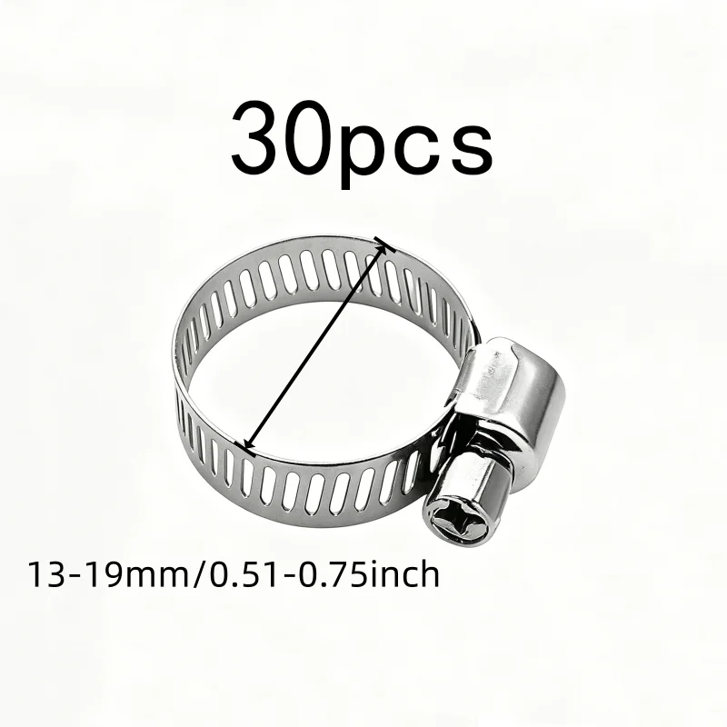 30 pcs 13-19mm Adjustable Worm Drive Clamps, Car Fuel Hose Line, Adjustable Tightening Range, 304 Stainless Steel