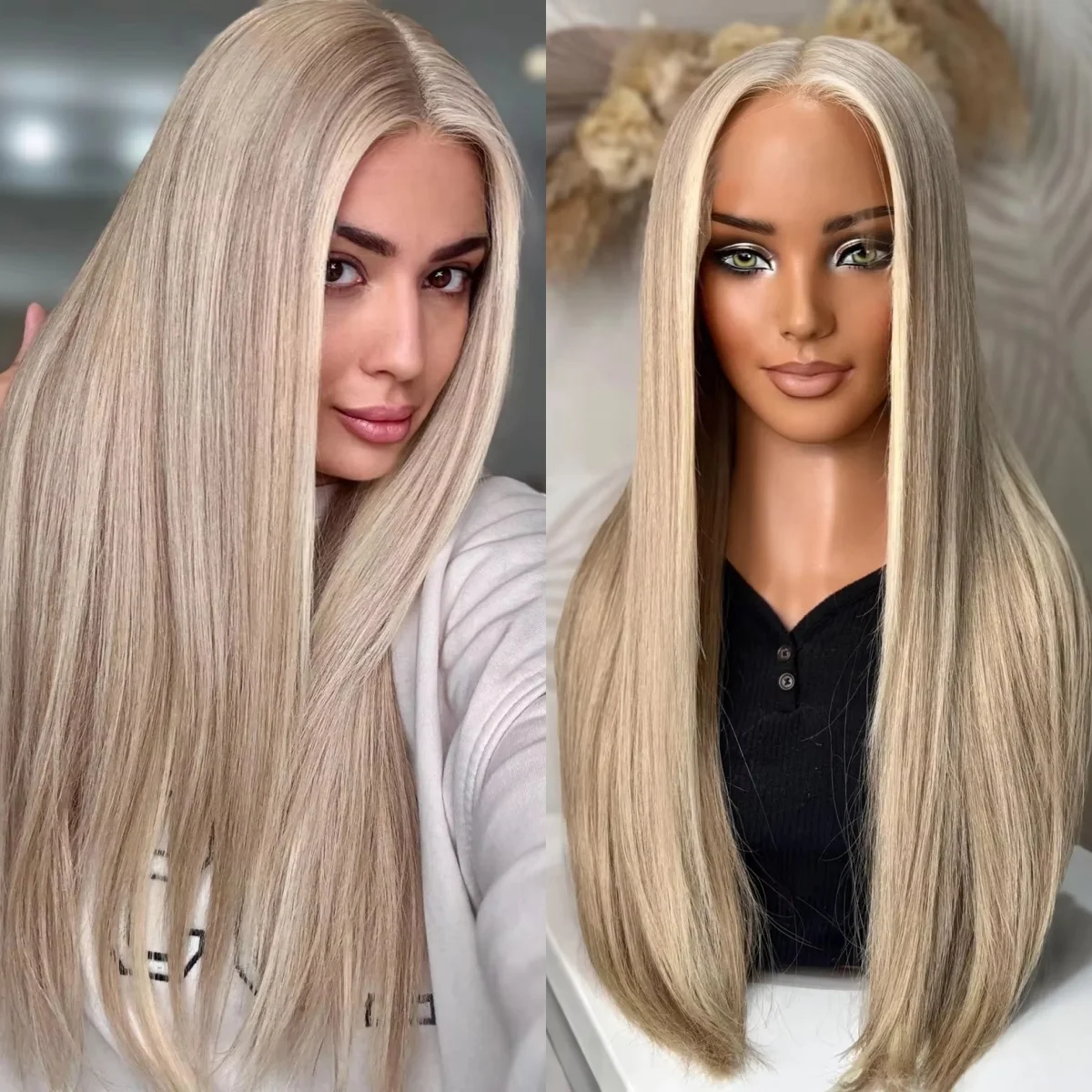 

Highlight Light Blonde Wigs Female Long Layer Natural Straight Synthetic Wigs 13*4HD Transparents Lace Wigs Daily Cosplay Use