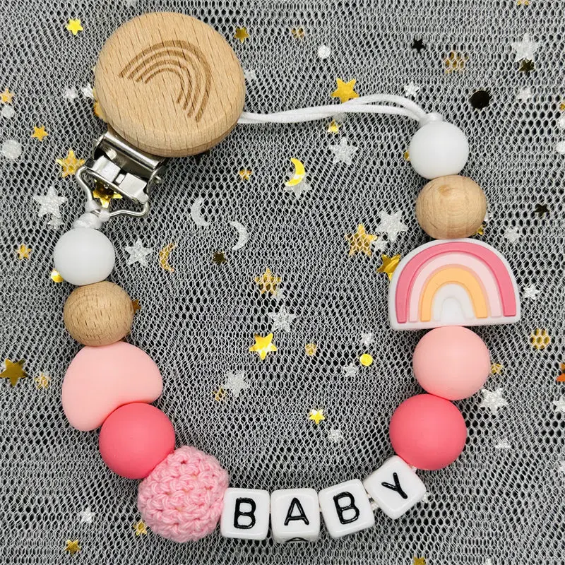 Handmade Custom Name Clips Pacifier Personalize Dummy Clips Holder Baby Silicone Rainbow Pacifier Holder Chain Baby Teether Gift