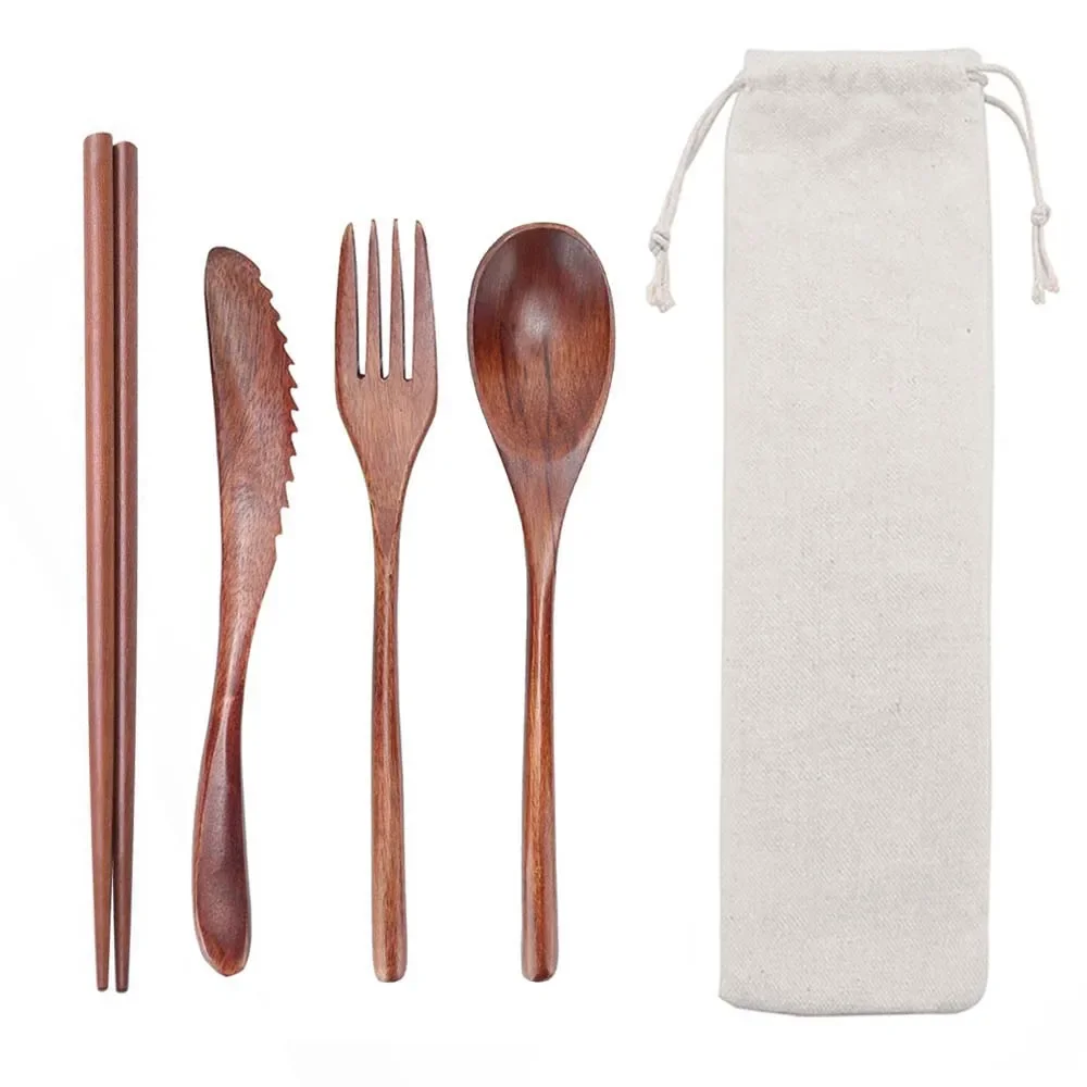 4pcs Portable Wooden Dinnerware with Pouch Knife Fork Spoon 
