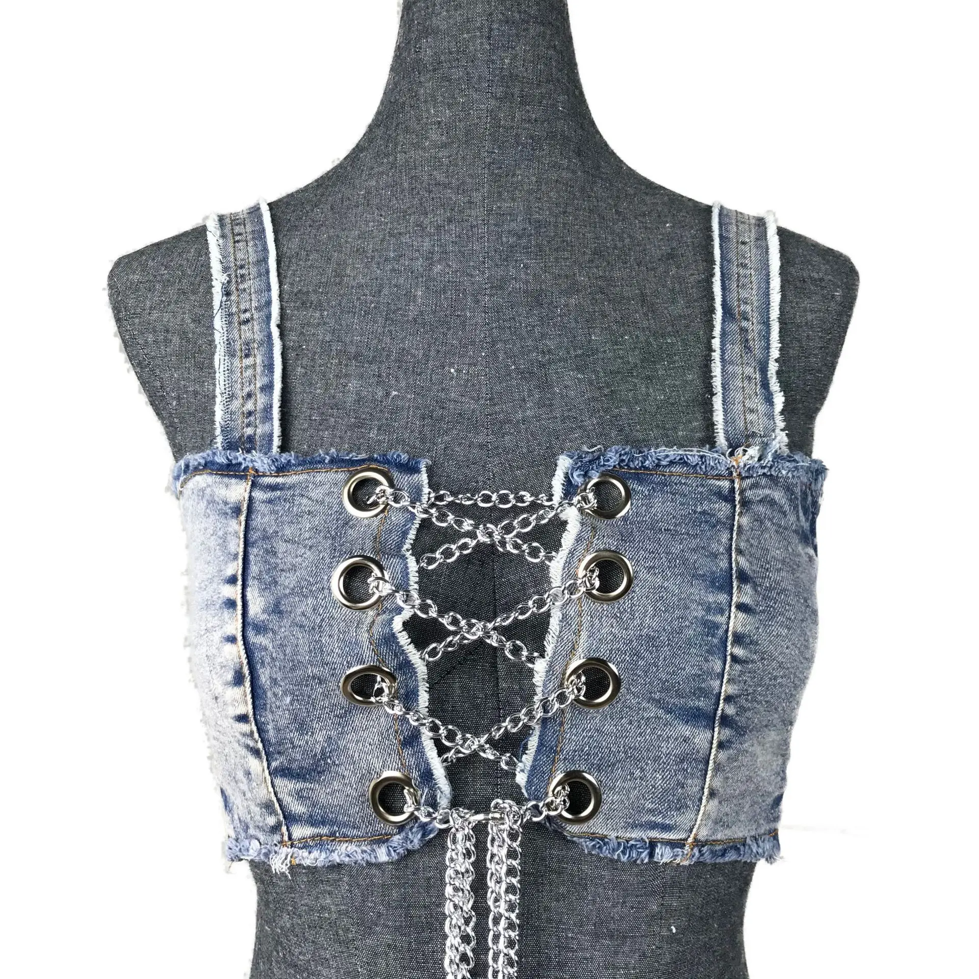 DEKA Women Denim Chain Bikini Set Jeans Cross Swimsuit Decoration High Waist Super Short Pants Swimwear Two-Pieces Bathing Suits