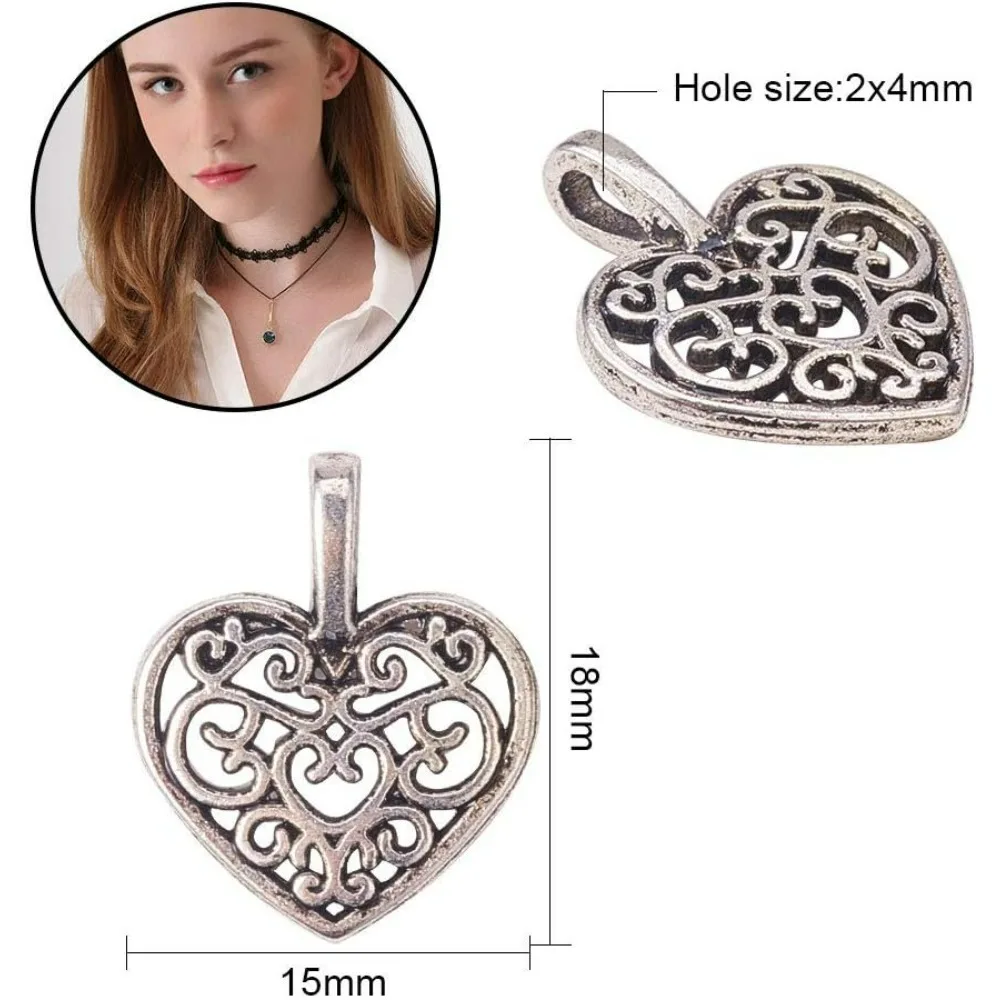 100pcs Heart Charms Pendants Tibetan Metal Hollow Heart Beads Charms for Valentines Day Thanksgiving Day DIY Necklace